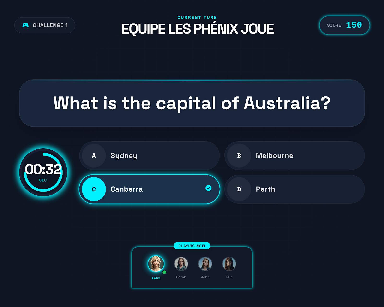 Question avec timer, réponses et équipes