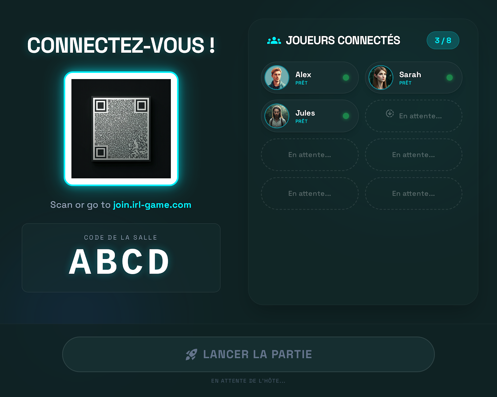 Lobby avec QR code et joueurs connectés