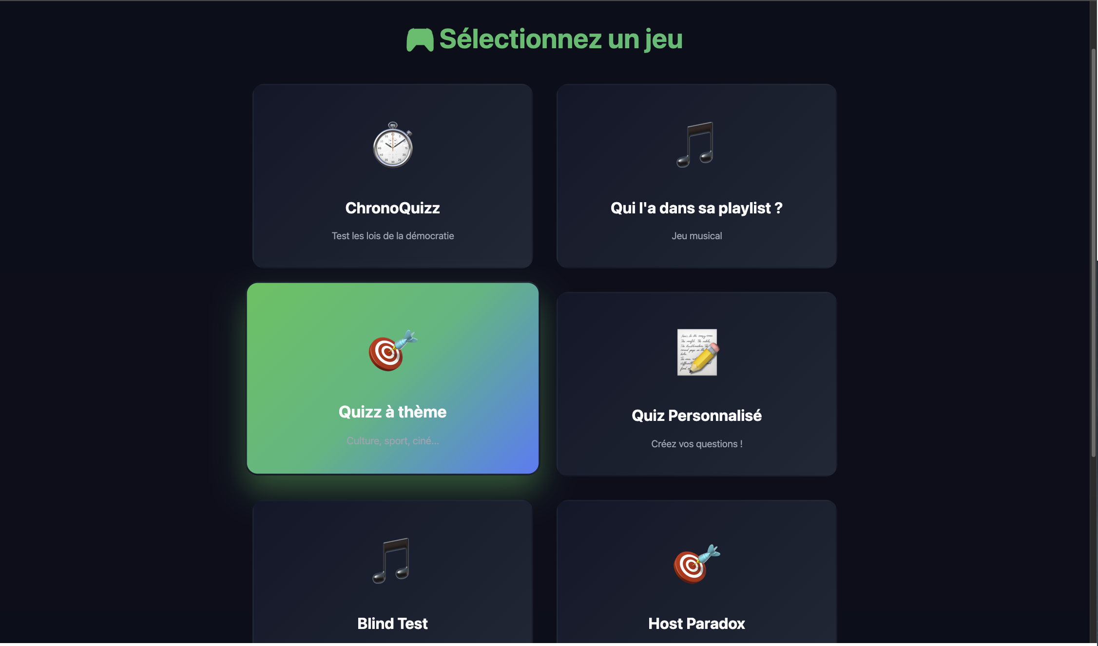 Interface iRL-game avec les 4 modes de jeu