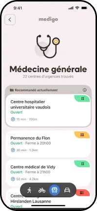 Application Medigo montrant l'affluence des centres en temps réel