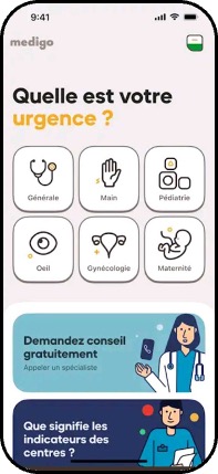 Application Medigo affichant les 6 spécialités médicales couvertes